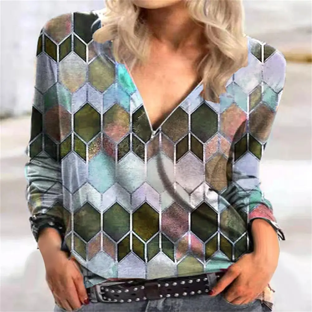 

Women Geometric Print Pullover Zipper V-collar T-shirt Print Long Sleeve Tops Loose Lady Spring Autumn Long Sleeve T-shirt