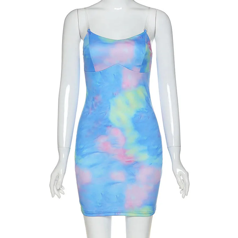 

Women Boho Printing Tie Dyeing Bandage Sundress Sling V Neck Backless Bodycon Shirt mini dress Beach Club Straps Vestidos Female