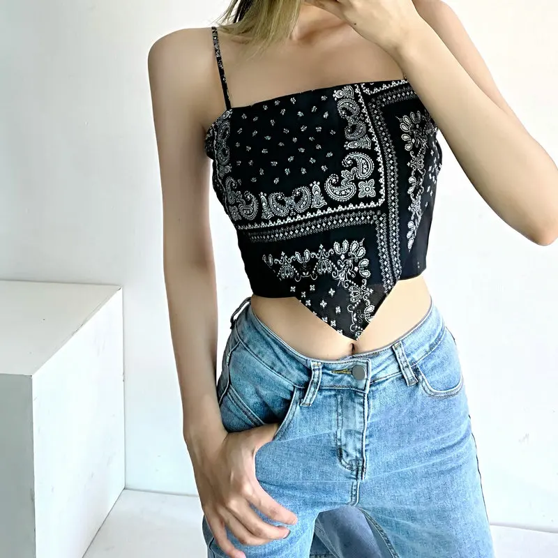 

Stylish Women Summer Black White Tribal Print Halter Top Heart-Shaped Front Asymmetric Design Slim Ras-Du-Cou Blouse Fashion S M