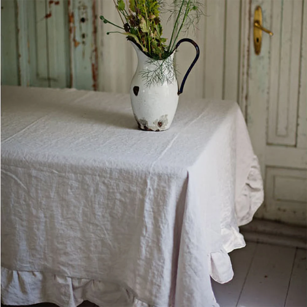 Скатерть из натурального льна с оборками во французском стиле|table cover|white linen table