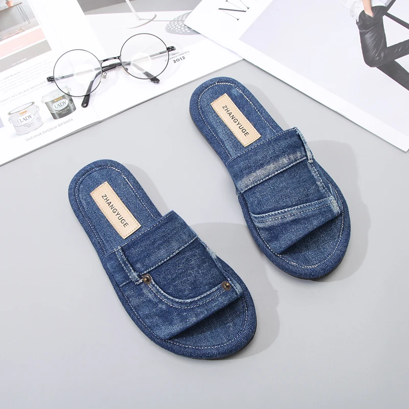 

Hot Sale Womens Denim Jeans Open Toe Flats Slingback Slipper Sandals Shoes Cowboy Summer Beach Size New 2022