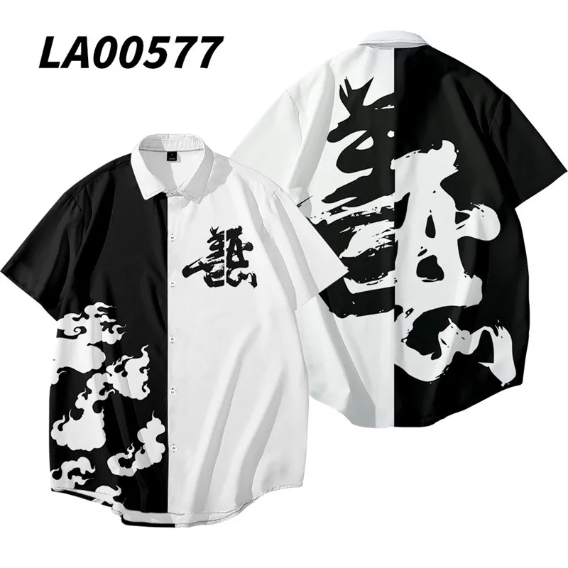 

Good Evil Two-Color Splicing Printed Men Short Sleeve Hawaiian Streetwear Male Blouses Tops Japanese Beach Shirts Oversize 6XL