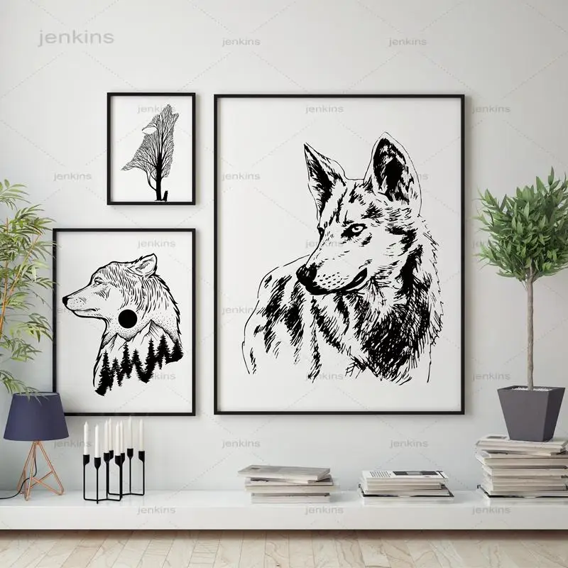 

Wild Animals Wolf Wall Art Print Pictures Hand Drawn Wolf Frameless Canvas Painting Poster Home Living Room Art Vintage Decor