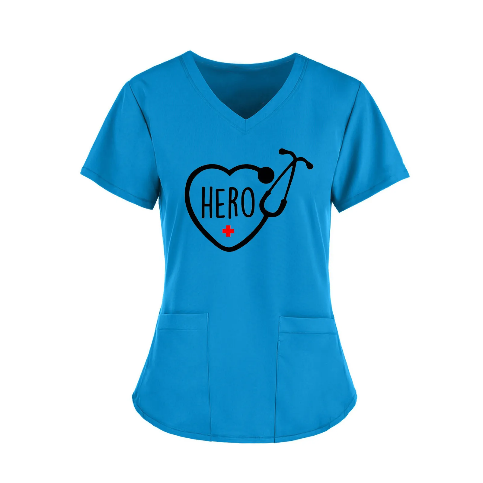 

Women's Short Sleeve V-neck Tops Working Uniform Solid Color Pocket Blouse Nurse uniform Care worker tops M*