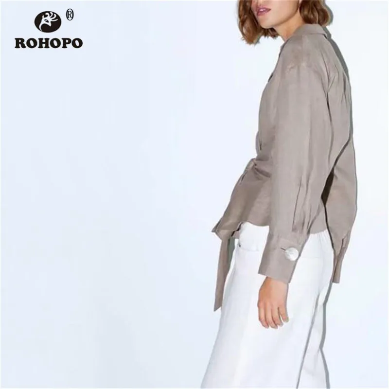ROHOPO/Осенняя Женская куртка с зазубренным воротником и баской на шнуровке серая