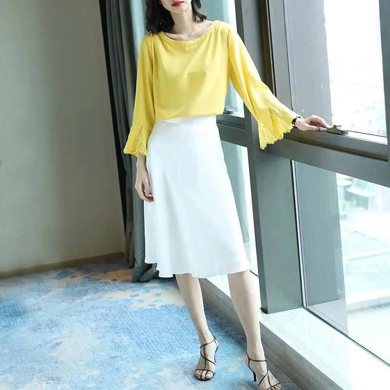 

Solid color silk lace shirt 2020 summer new fashion 100% silk tops for women