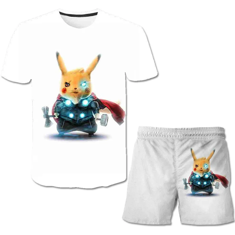 

Children Pikachu Streetwear Sets Baby Boy Summer Clothes Harajuku Girls 3D T shirt+pants Set Pokemon T Shirts Kids Sport Suits