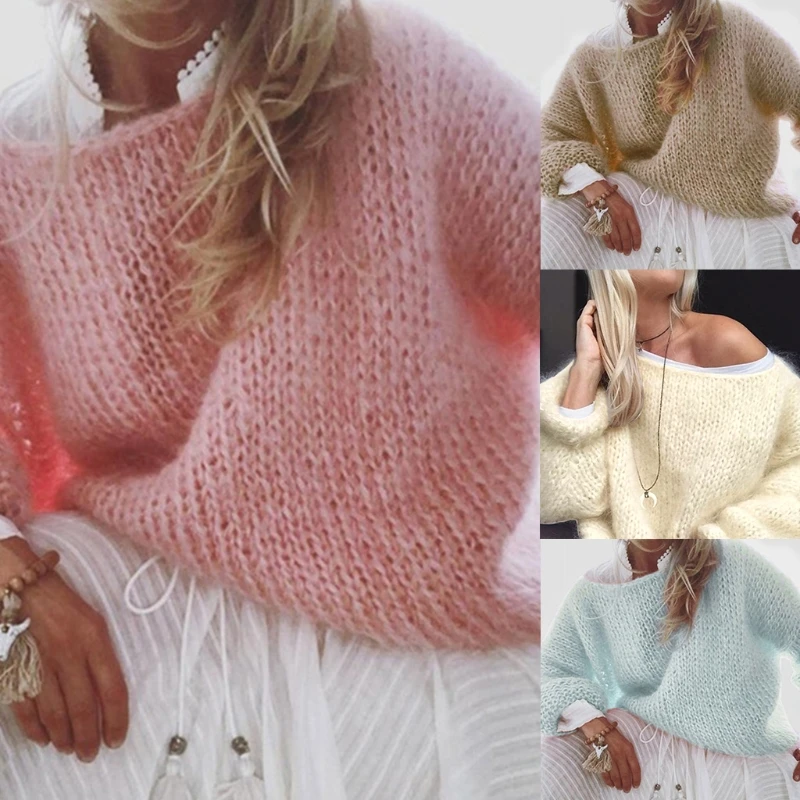 

Women Lantern Long Sleeve Sweater Fluffy Mohair Chunky Knit Loose Jumper Tops