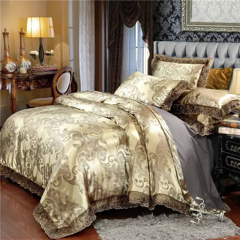 

Home textile silver bedding set Jacquard Lace duvet cover set 4pcs bed linen European bed cover luxury golden flat sheet scallop