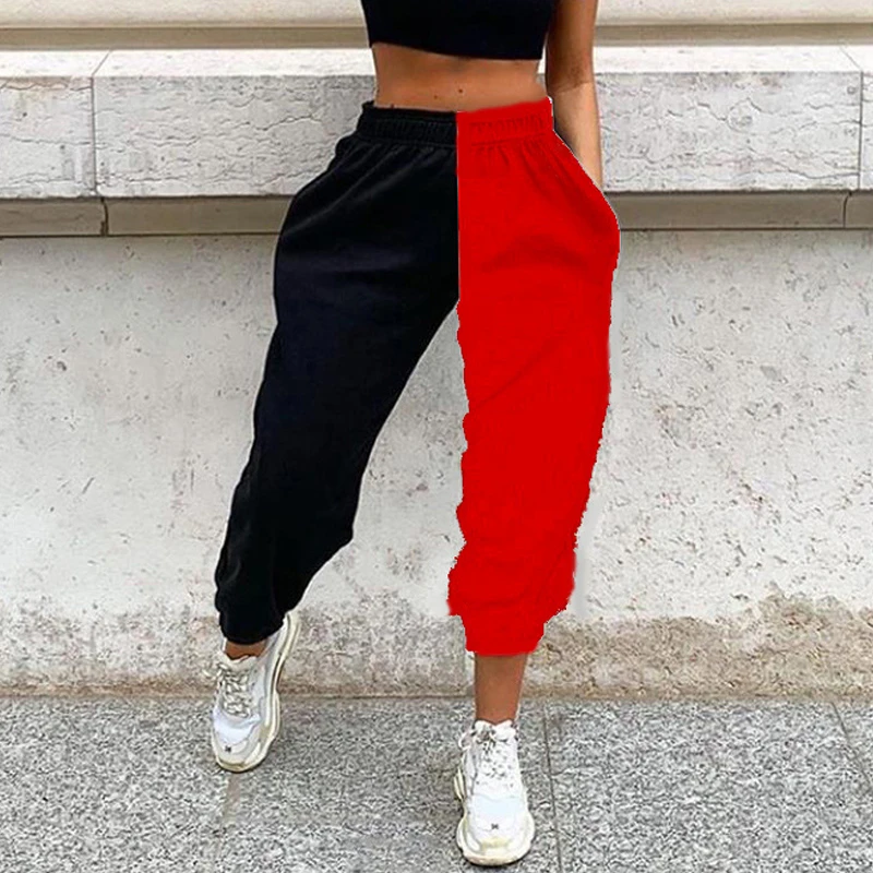 

Повседневные спортивные женские брюки KJMYYX, весенние модные брюки 2020 в стиле пэчворк, тренировочные длинные брюки с высокой талией и блокиро...