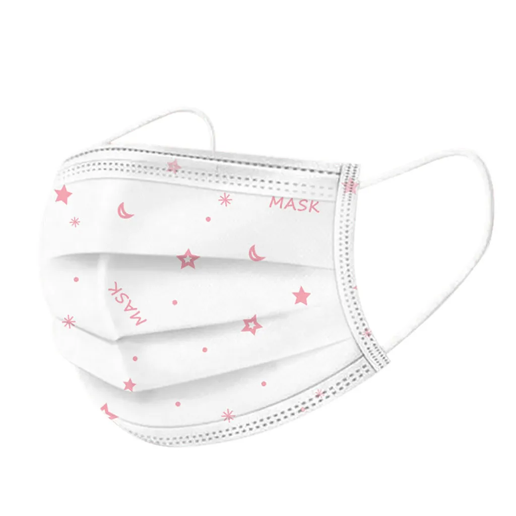

50pc Children Breathable Mouth Mask Stars Moon Print 3 Layers Ply Filter Earloops Mask Disposable Non-woven Elastic Mask Masque