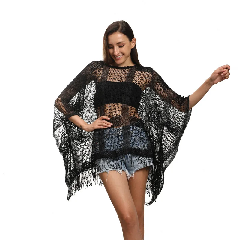 

Solid Sexy Women Cloak See-Through Transparent Mesh Beach Towel Oversized Tassel Woman Night Club Beach Holiday Clothing Poncho