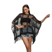 solid sexy women cloak see through transparent mesh beach towel plus size tassel woman night club beach holiday clothing poncho