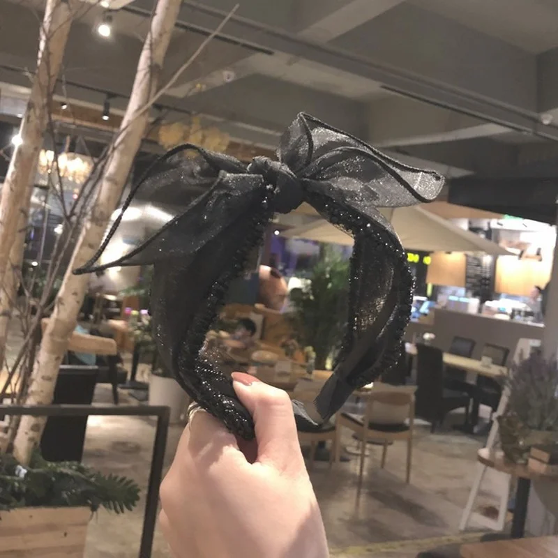 

Korean high-end boutique headband hair accessories Korean version of simple mesh lace beaded bowknot wide-brim hairband women