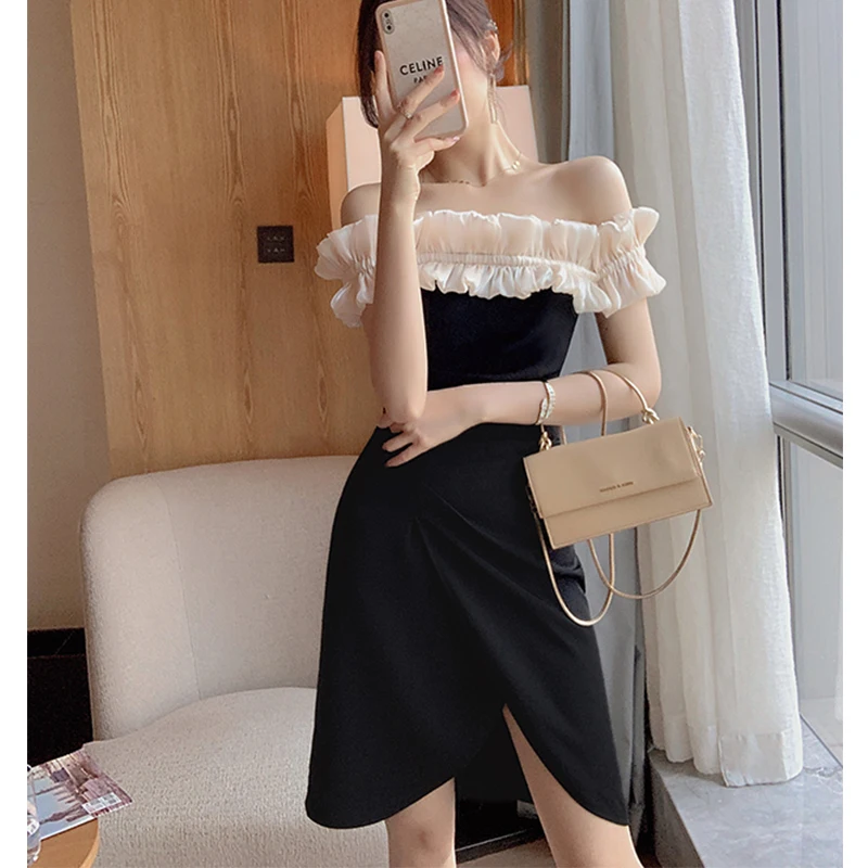 

Fashion High-end Dress Female Summer 2021 New Sexy One-line Neck Sleeveless Vestidos Black Stitching Mid-length Dresses Women