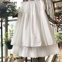 tiyihailey free shipping 100 cotton women skirt summer long mid calf elastic waist white black a line embroidery double layer
