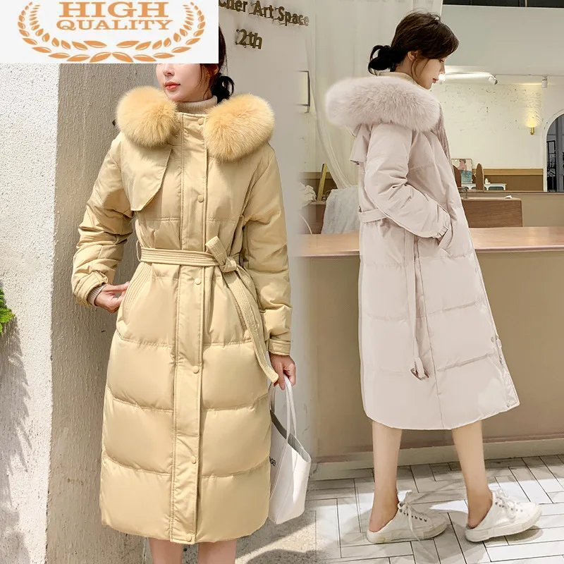 

Женская длинная пуховая куртка, парка с воротником из натурального Лисьего меха, Корейская пуховая куртка, женская одежда, KJ5133, Осень-зима ...