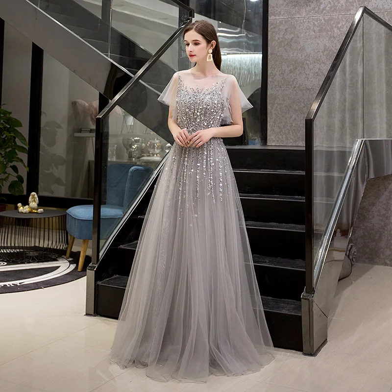 Elegant Gray Evening Dresses with Short Sleeves New Design Beaded Crystals Prom Party Gowns Tulle Floor Length Zipper Back - Цвет: gray