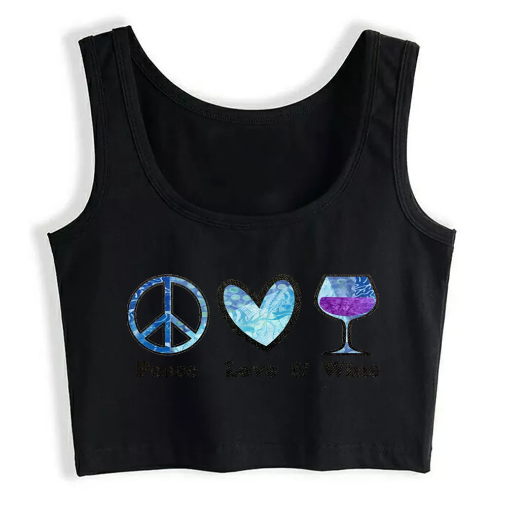 

Crop Top Female Peace Love and Wine blue batik design Vogue Inscriptions Sleeveless Tops Women