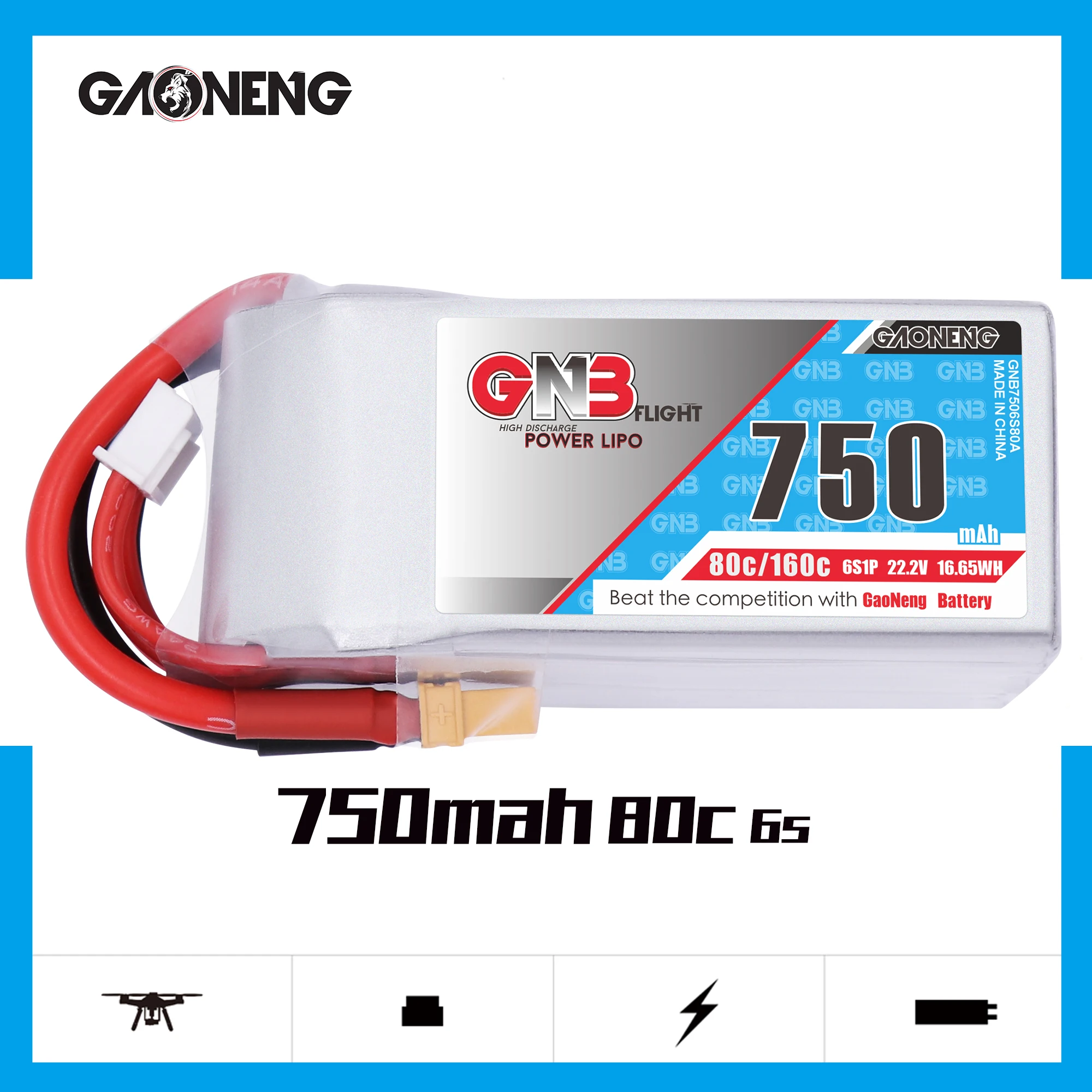 

Литий-полимерный аккумулятор Gaoneng GNB 6S1P, 750 мАч, 22,2 в, 80C/160C, с разъемом XT30 или XT60, запчасти для FPV гоночного дрона, квадрокоптера, вертолета