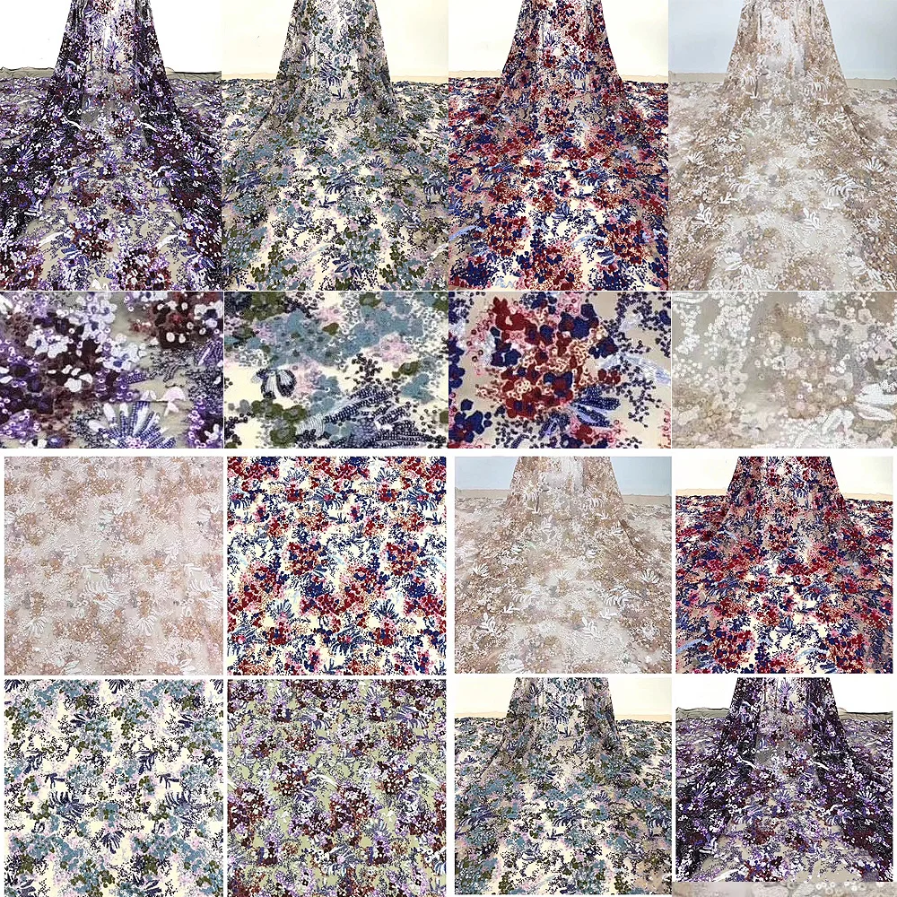 

Polychromatic mixed sequins lace fabric high quality lace embroidery african fabrics high-end french tulle lace fabric for dress