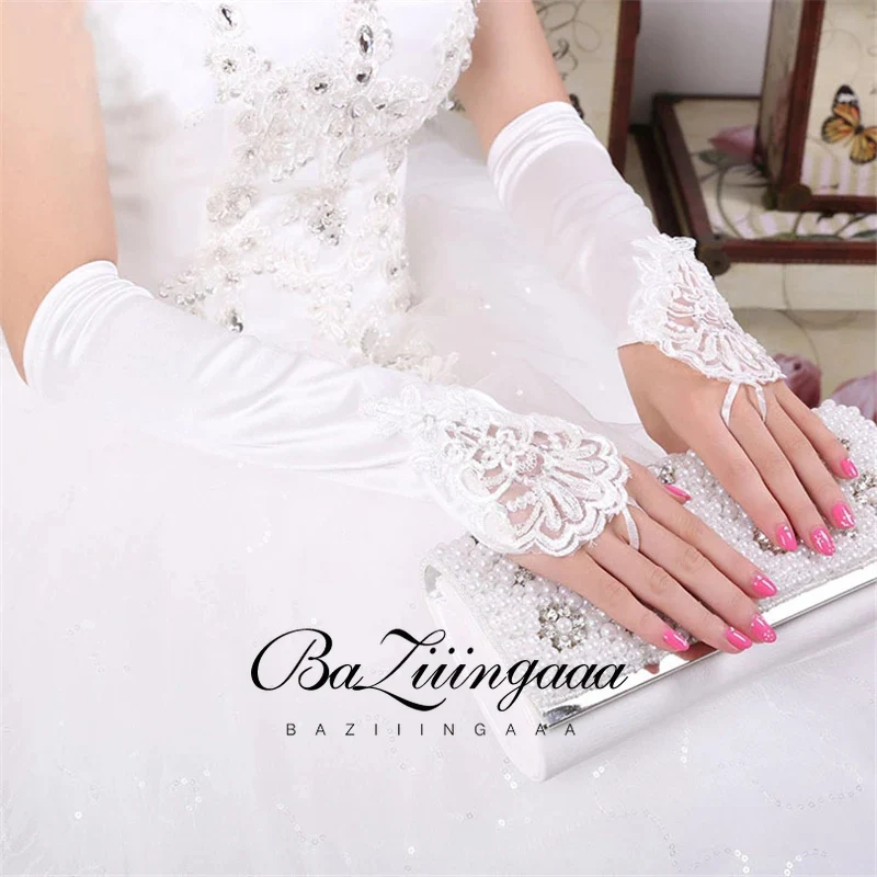 

White Ivory Short Gloves Fingerless Bridal Gloves for Women Bride Red Lace Gloves Luva De Noiva Wedding Accessorie