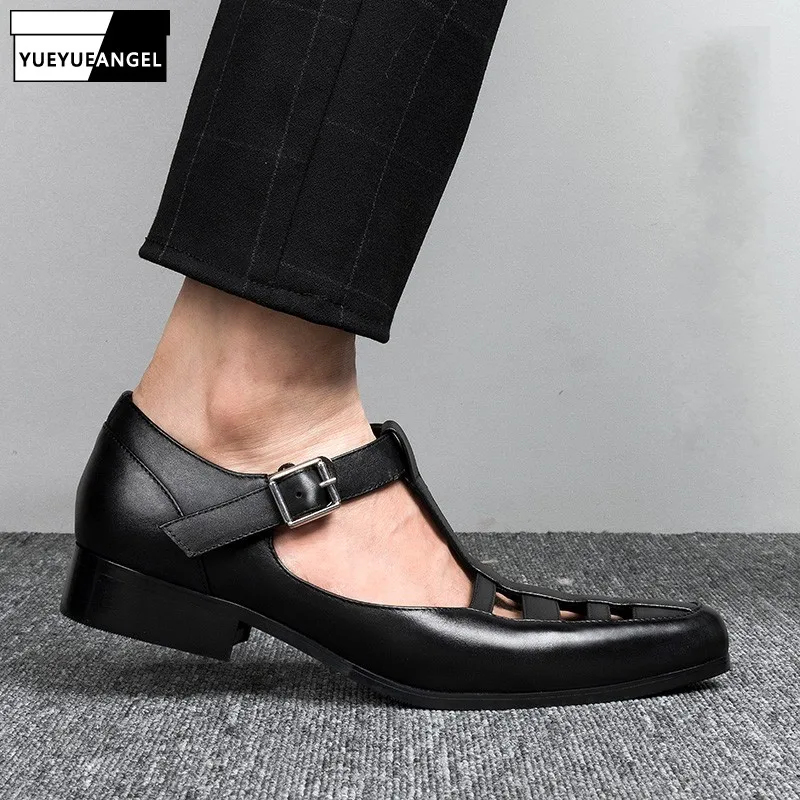 

Сандалии Baotou мужские из натуральной кожи, модные туфли из воловьей кожи, заостренный носок, с вырезами, высокий каблук, в Корейском стиле