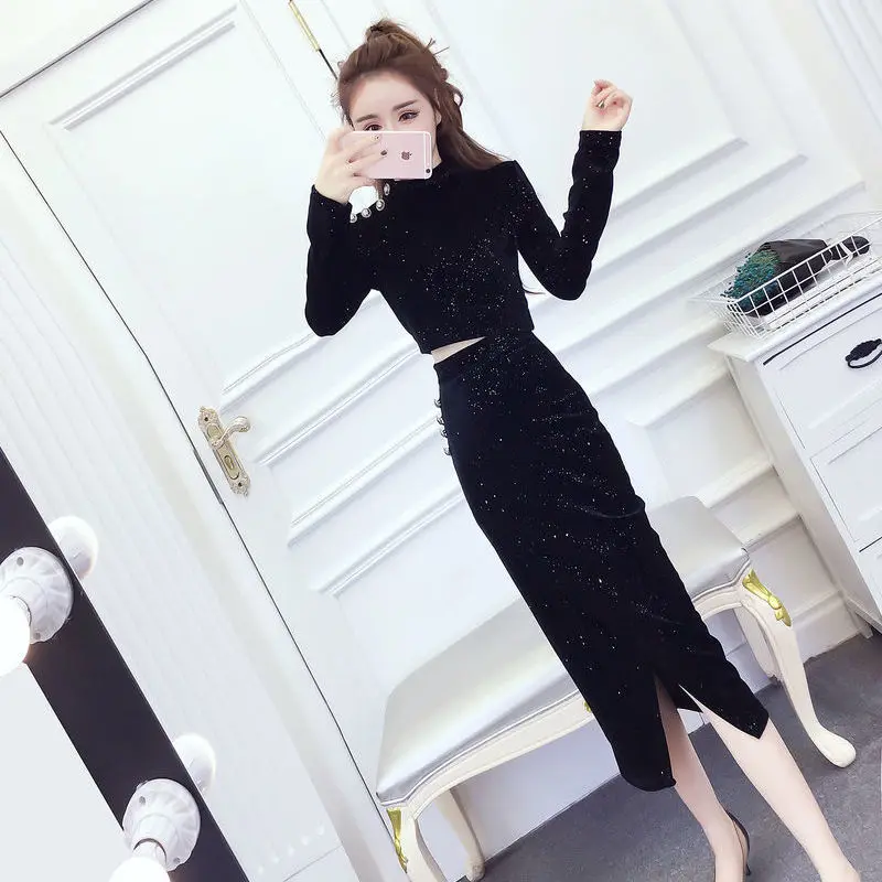 

2021 New Early Autumn Gold Velvet Bright Silk Sets Long Sleeve Top Shirt + Split Skirt 2 Two Piece Buttons Set Women Suits Y454