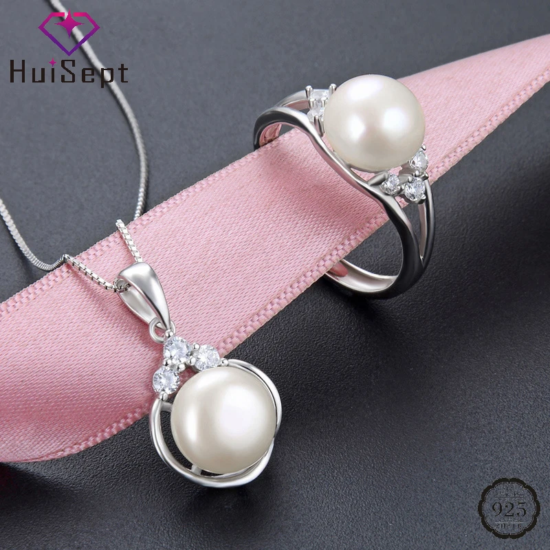

HuiSept Pearl Rings Necklace Pendant S925 Sterling Silver Jewelry Set Luxury Accessories for Women Wedding Promise Party Gift