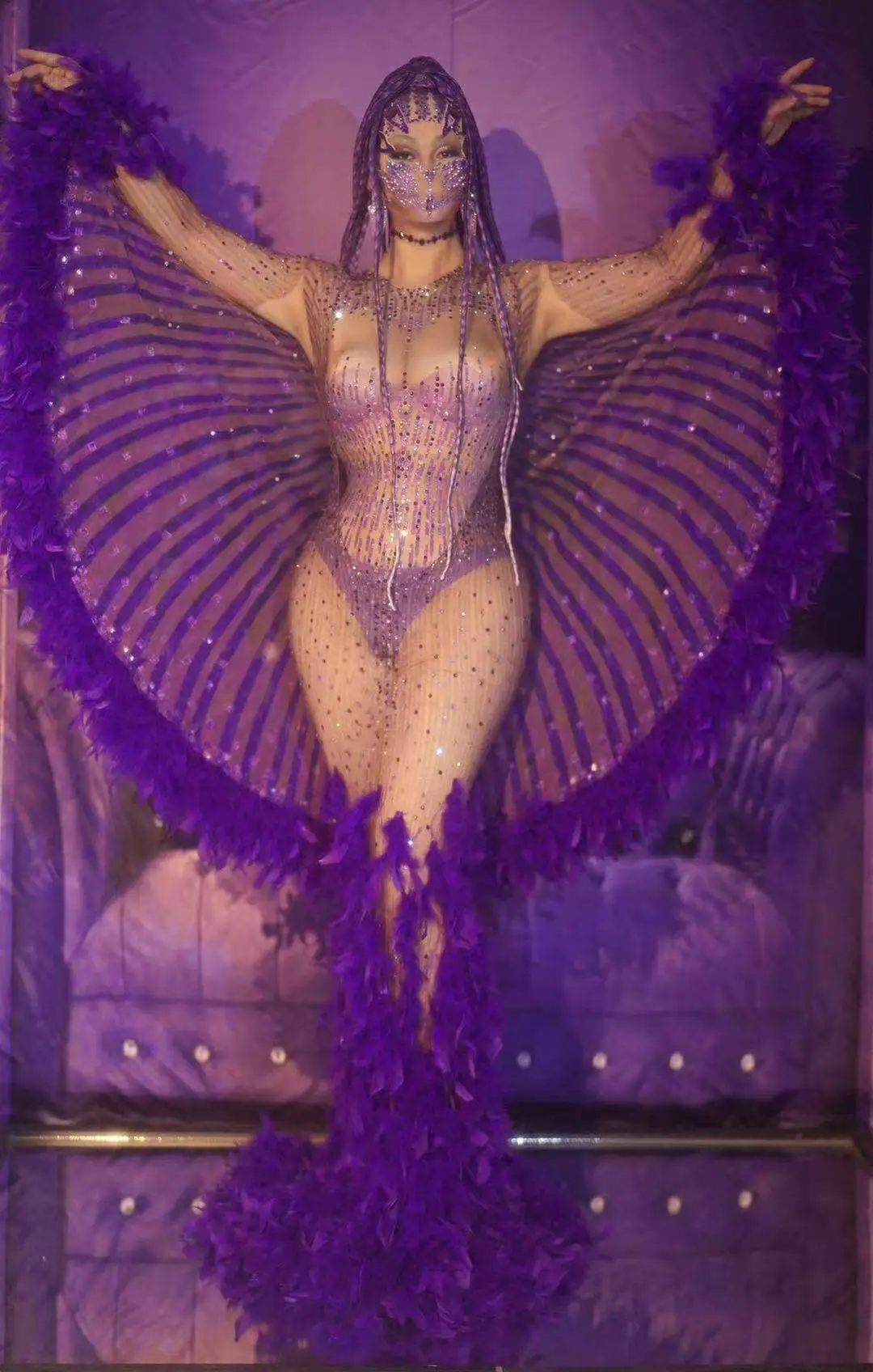 

New Purple Diamond Feathers Patchwork See Through Long Dress 2021 Women Dancer Show Party Evening Celebrate Performance Dress