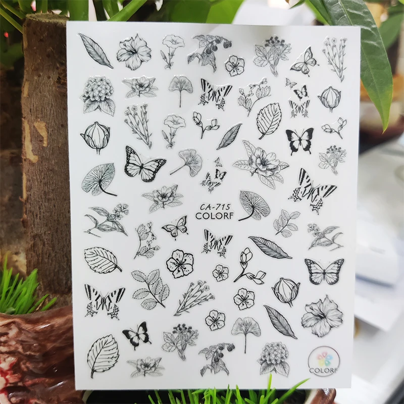 

3D Stickers for Nails White Black Butterfly Flowers Leaf Nails Art Decoration Manicure Sticker Sliders Nail Foil Accessories
