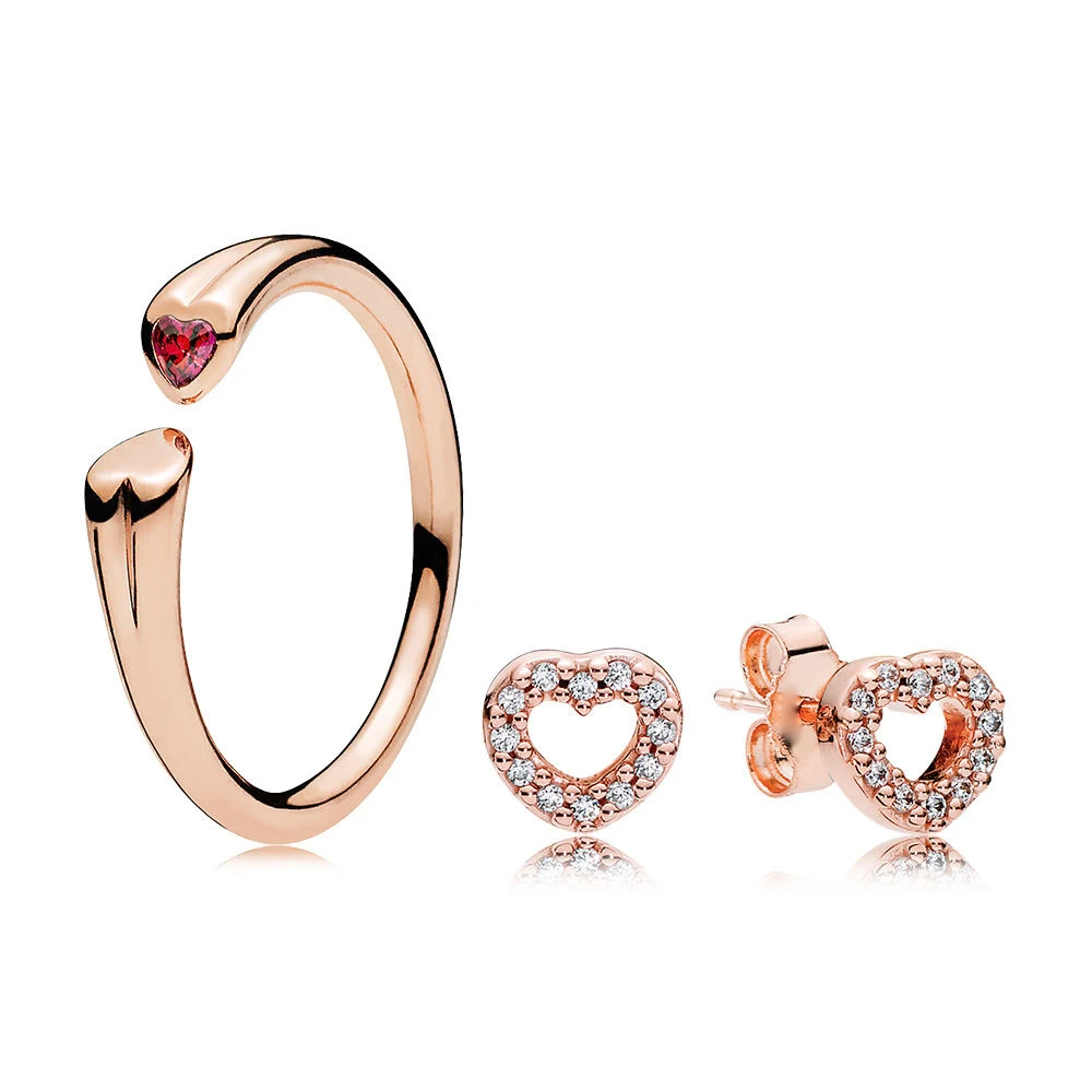 

2020 100% 925 Sterling Silver 1:1 RAU0387 Rose Gold Blushing Hearts Ring Pierced Stud Earrings Gift Set Women Original Jewelry