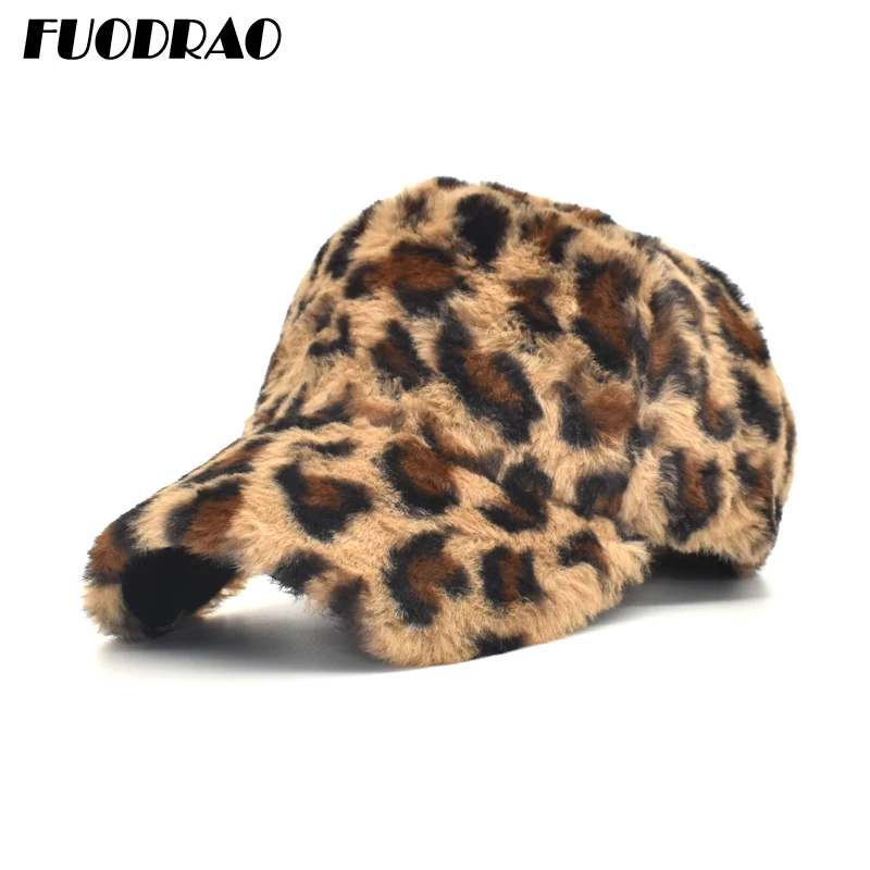 

FUODRAO Autumn Winter Women Baseball Cap Leopard Print Faux Fur Casual Snapback Hat Outdoor Fashion Warm Hat Cap B46