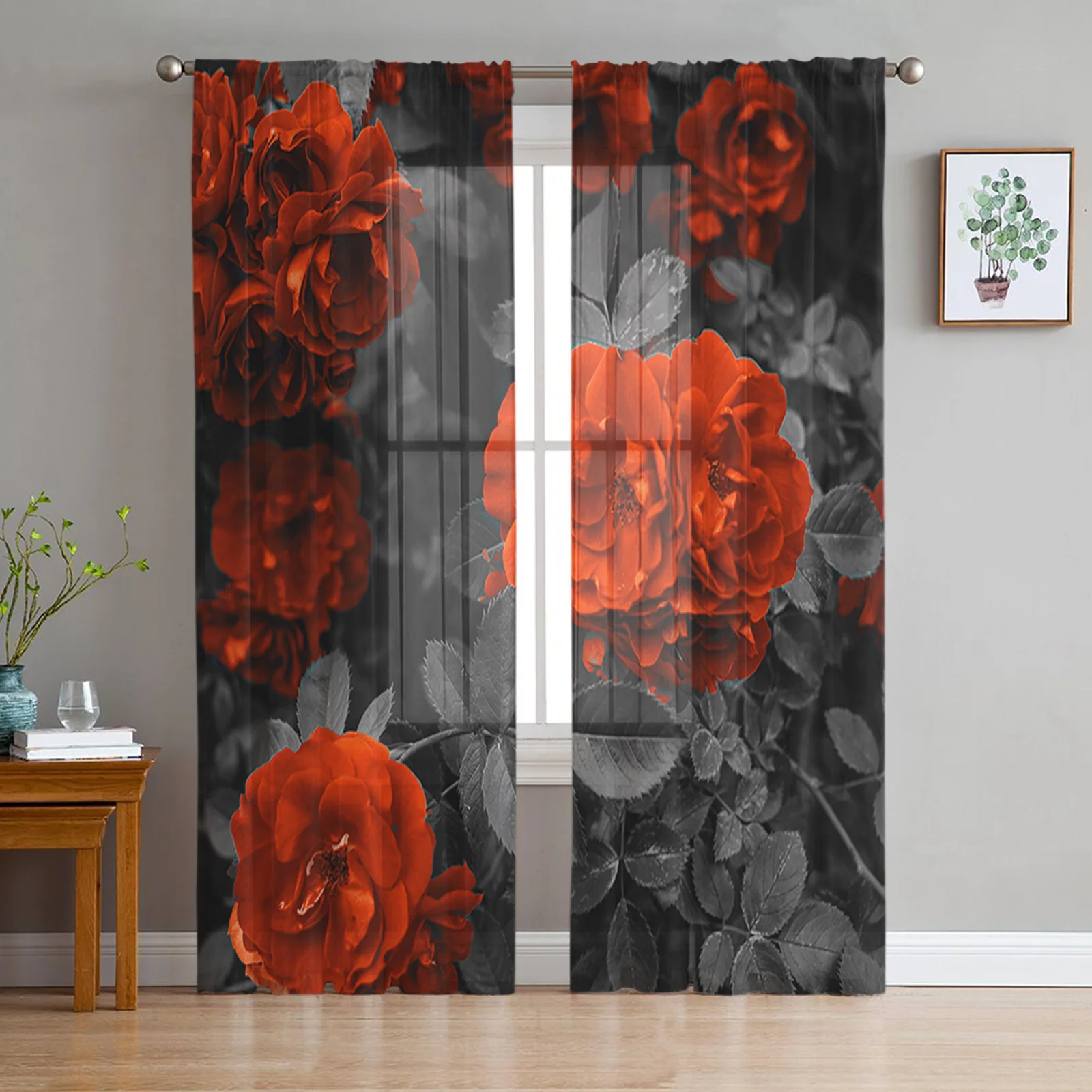 Прозрачные шторы в стиле ретро с красными цветами для гостиной спальни кухни