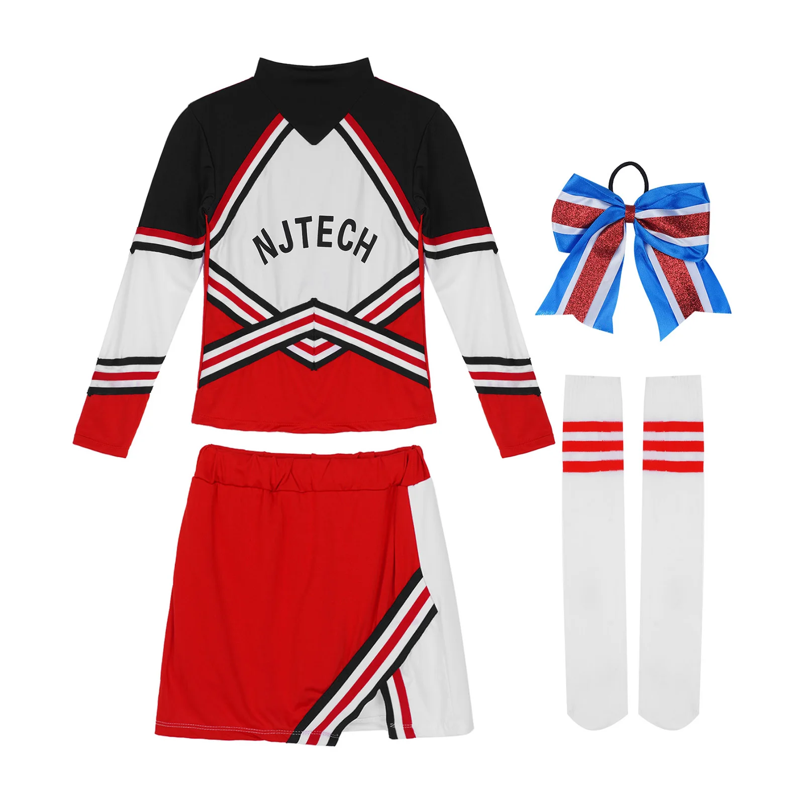 TiaoBug женский Школьный костюм Чирлидера наряд с круглым вырезом длинным рукавом