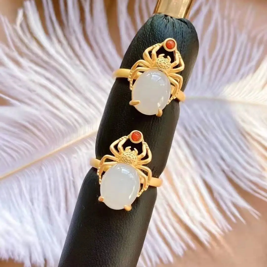 

S925 Sterling Silver Inlaid Hetian Jade Green Jade Ring Vintage Court Chinese Style Ancient FirsTier Open Jade Female Ring