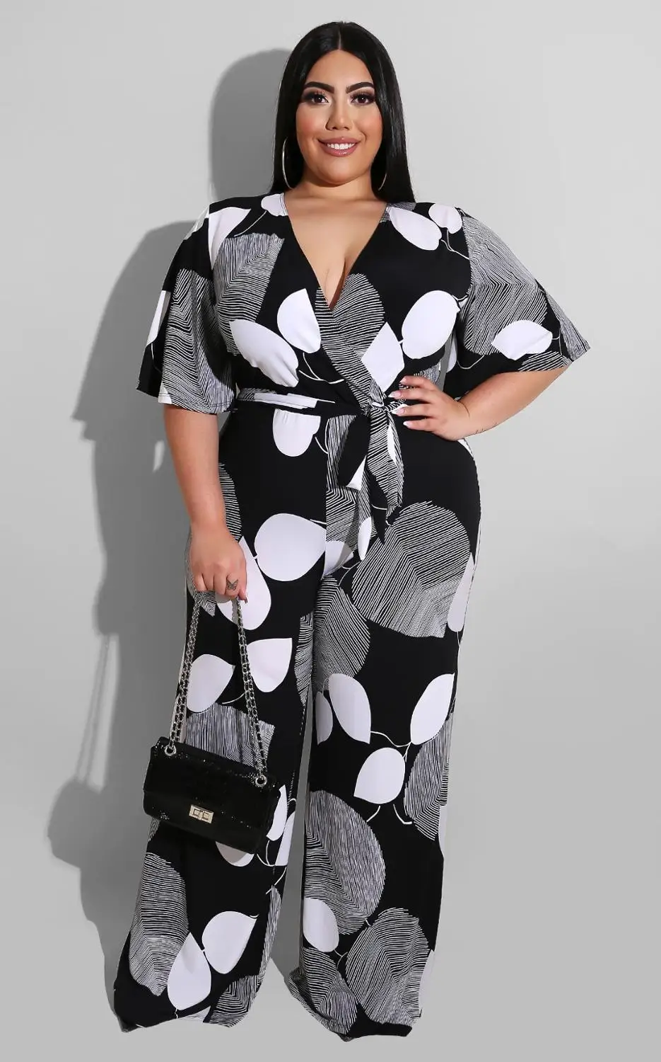 

Colorful Print Empire Waist Straight Long Jumpsuit 2020 Summer Hot Design Summer Women V Neck Short Sleeve Rompers Catsuit