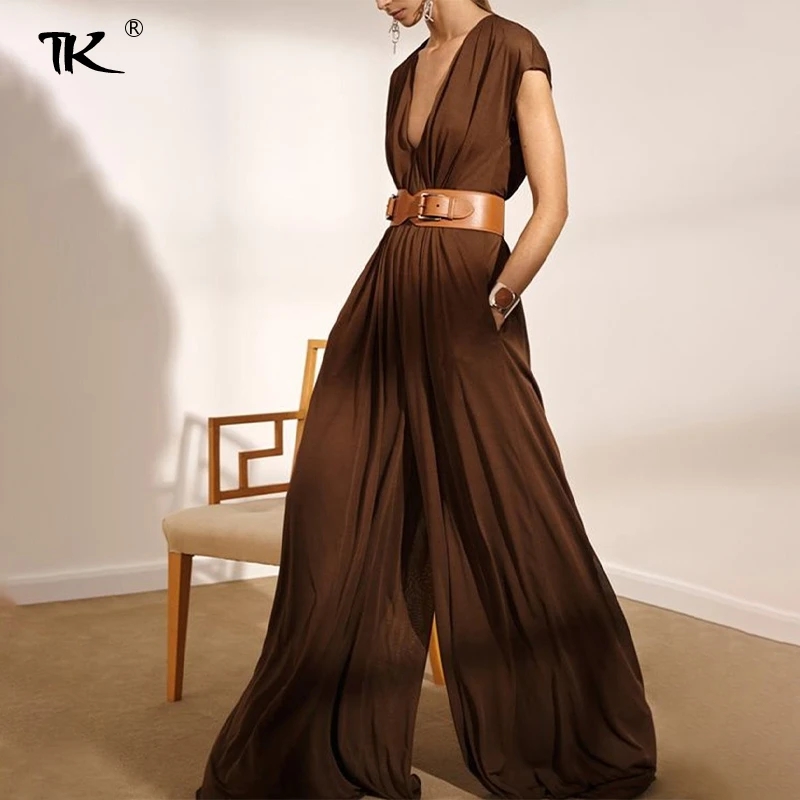 

Solid Pleated Female Jumpsuit Elegant Sleeveless Without Belt Loose Wide Leg Jumpsuits Women 2021 Summer Fashion Lady Romper