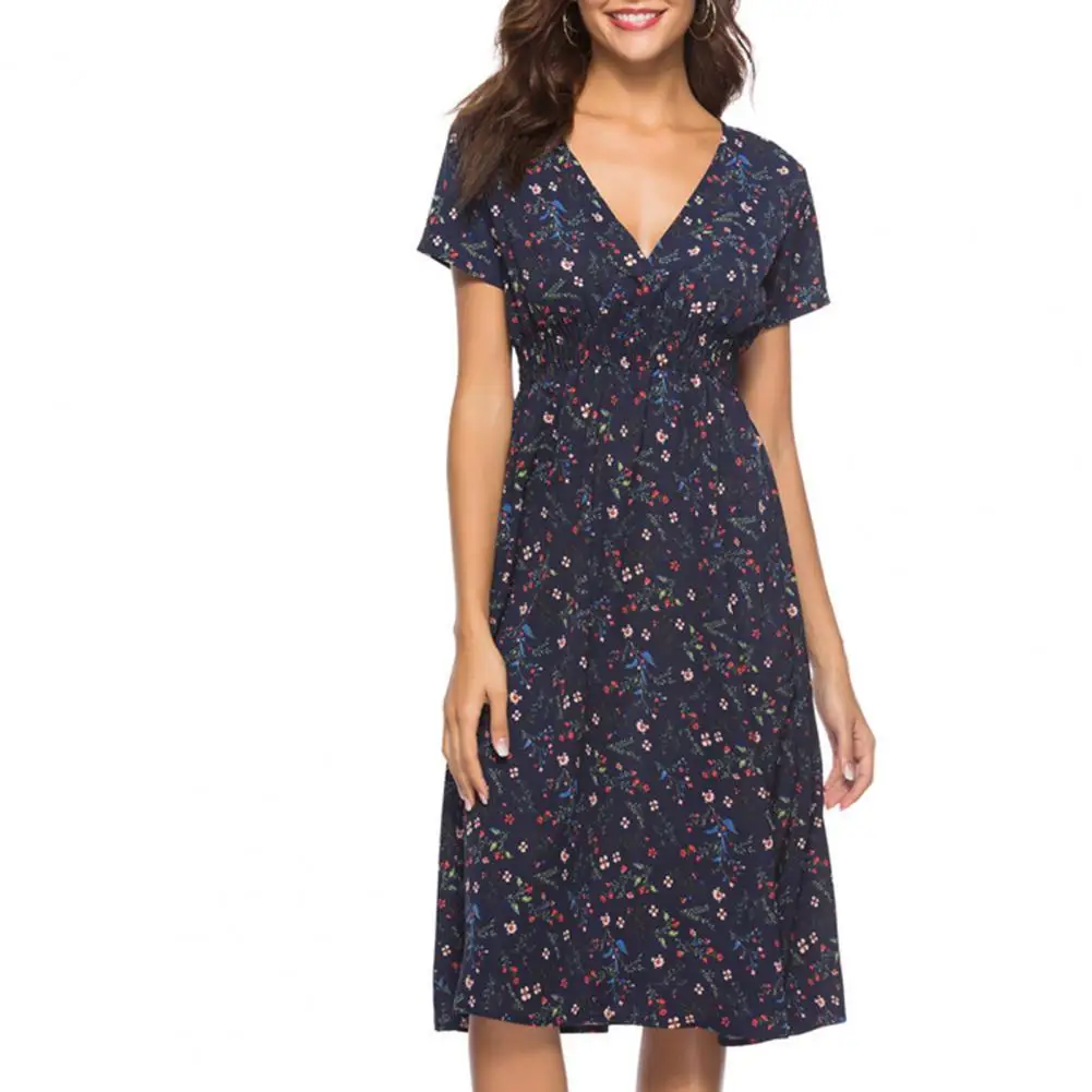 

Women Midi Dress 2021 Dress Floral Print V Neck Summer Short Sleeve Waist Tight Dress for Dating