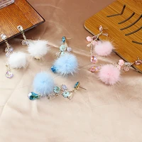korean sweet pink white mink fur fluffy pom pom drop earrings fashion chic crystal tassel chain dangle earring jewelry for women
