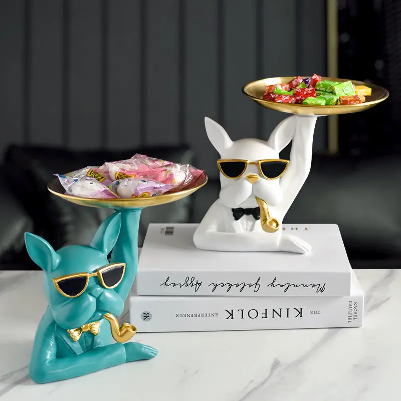 

Modern Bulldog Storage with Holding Tray Animal Sculpture Resin Keys Candy Jewelry Basket Home Living Room Entrance Desk Decor
