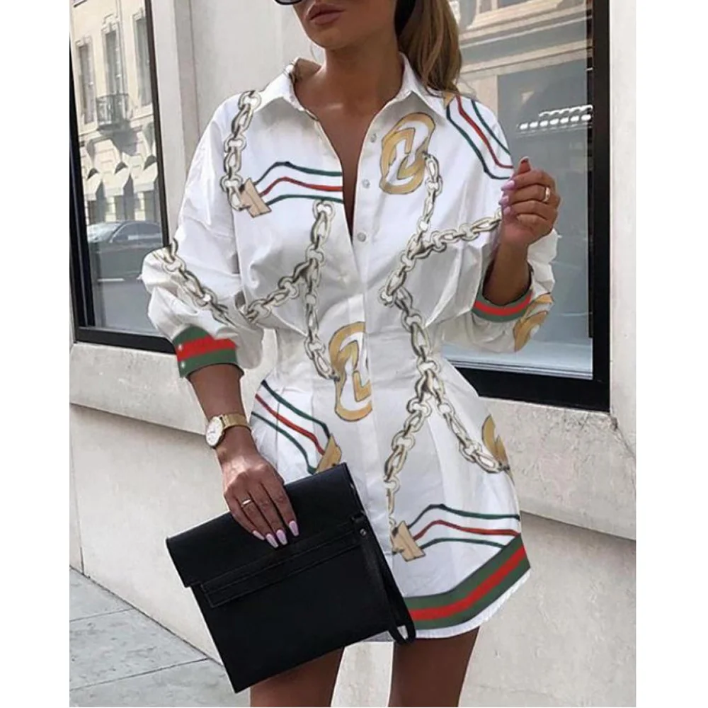 

Ladies Shirt Temperament Printing Waist Shirt 2020 Autumn Fashion Lantern Sleeve Lapel Button Casual Top Shirt Polyester Clothes