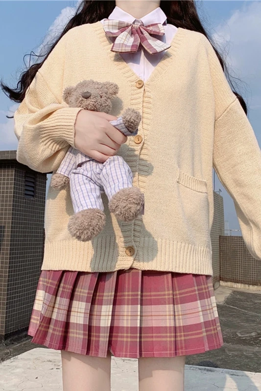 

Japanese College Style JK Uniform Sweater Coat Sweet Girl V-neck Knitted Mid-Length V-neck Outerwear Cardigan Top school girl