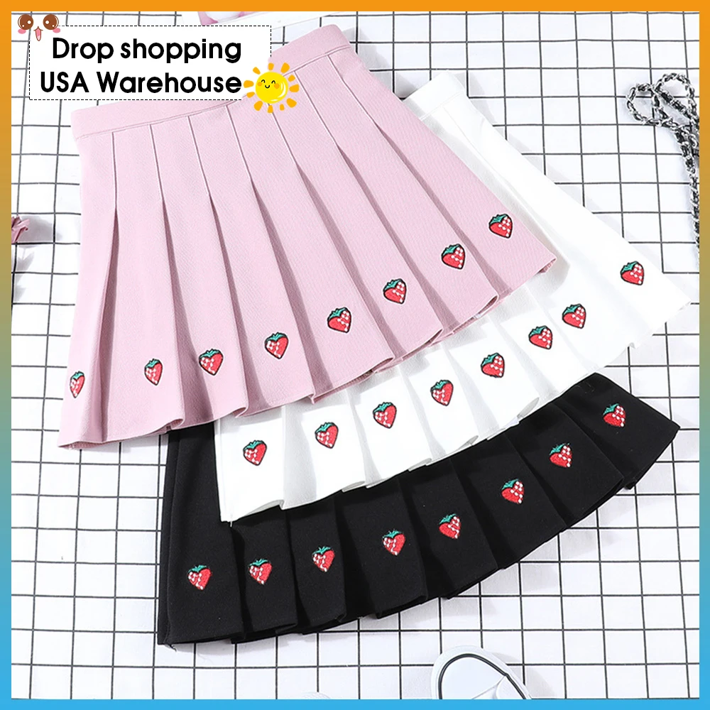 Летние новые женские юбки плиссированная юбка с вышивкой клубники милая