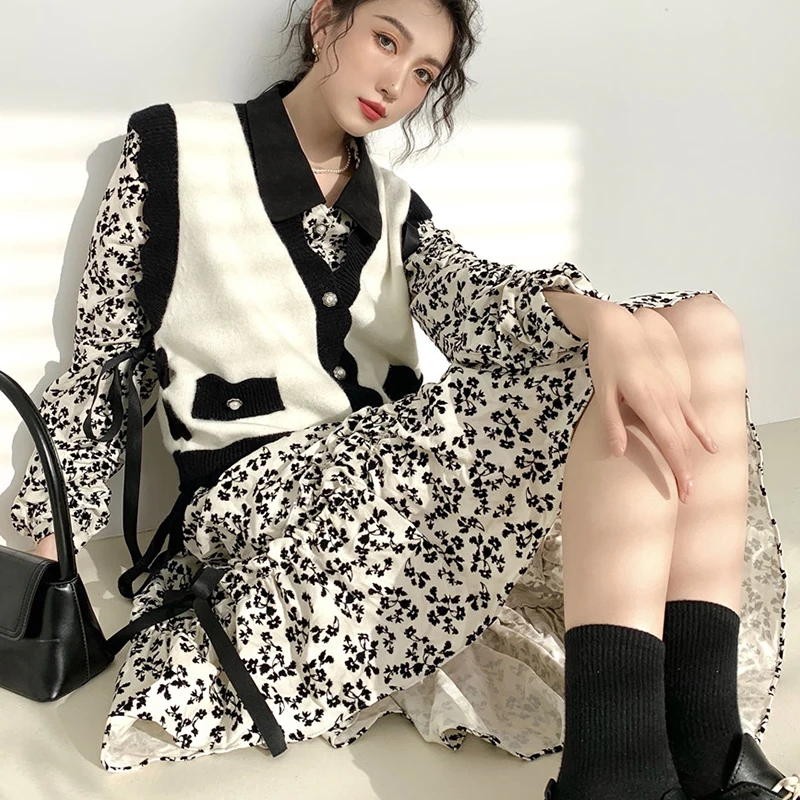 

Mori Girl Dress Women Hem Irregular Ruffle Spliced Long Sleeve Bow Lace Up High Waist Slim Vestidos Lady Floral Vintage Dress
