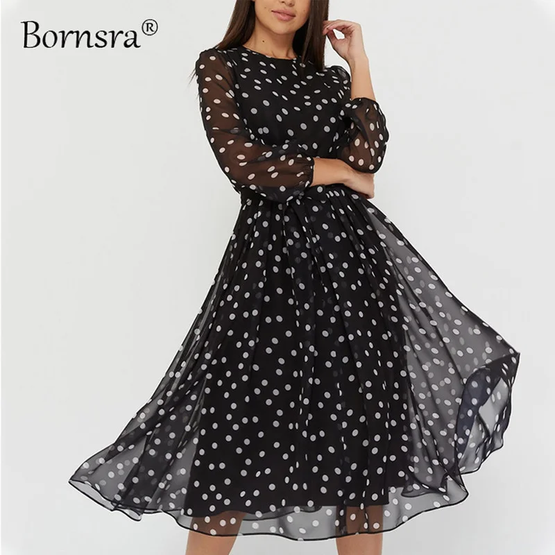 

Bornsra 2021 Autumn Woman Dress Long Sleeve Trend Chiffon Dress Printed Lace Polka Dot Dress