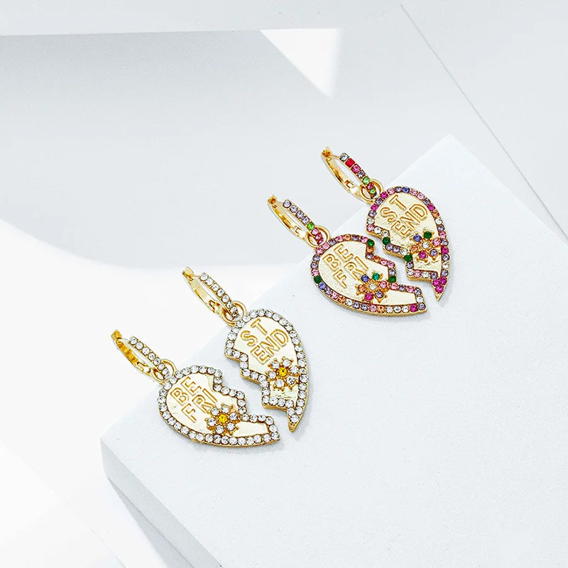 

European and American New Retro Fashion Jewelry Two-petal Splicing Love Alloy Earrings Heart-shaped Diamond Earrings Jewelry