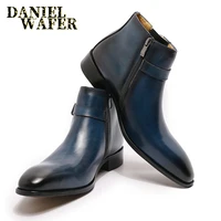 fine leather mens boots genuine italian smooth ankle boots high end zipper buckle belt mens formal shoes blue basic boots