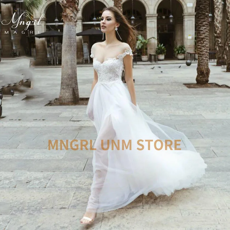 

MNGRL Wedding Dress Simple White V-neck Lace 3D Flower Bridal Dresses Sleeveless Fluffy Skirt Wedding Gown