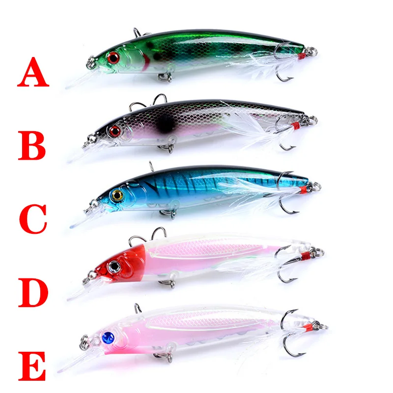 1Pcs Laser Minnow Hard Fishing Lures 90mm 7g Floating Wobbler Crankbait Artificial Plastic Baits With Feather Hooks Isca Pesca
